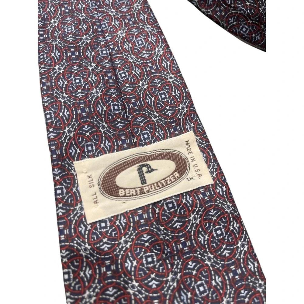 Vintage Bert Pulitzer Silk Tie Burgundy Navy Geometric Medallion Pattern Classic